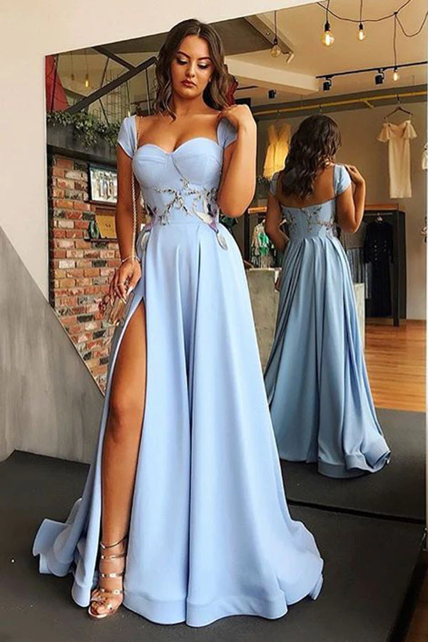 A-Linien-Ballkleid mit Flügelärmeln, Ausschnitt, langem Schlitz und Applikationen, nv486
