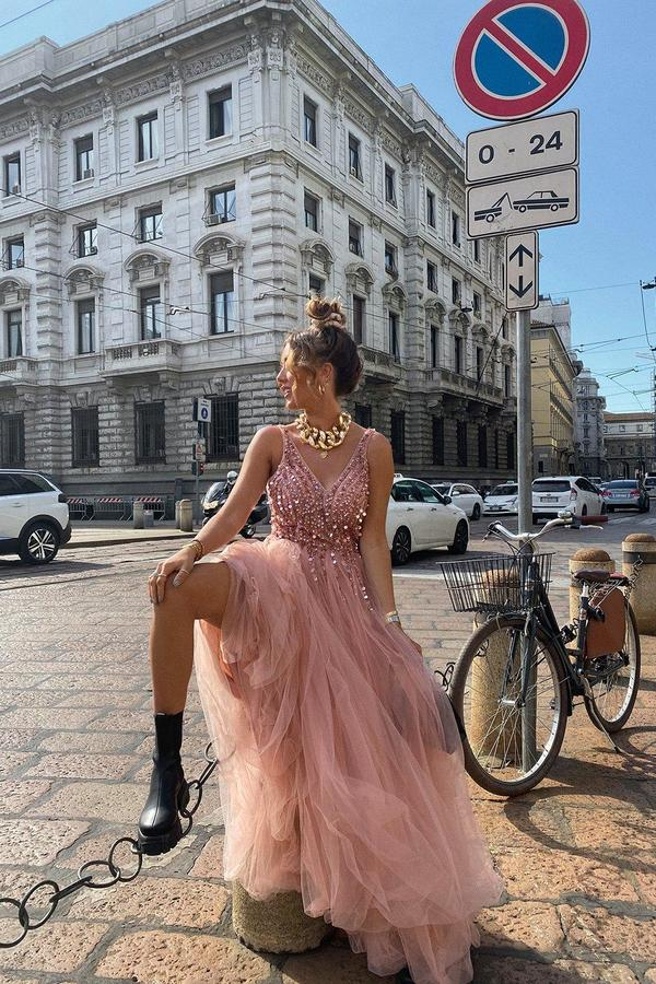 Pink V neck Beading A line Tulle Formal Party Gown Split Prom Evening Dresses nv260