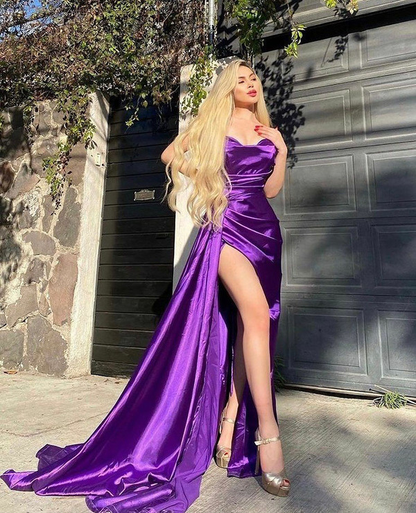 Sexy lila Meerjungfrau Satin Lange Ballkleider Seitenschlitz Lange Abendkleider nv413