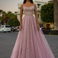 Glitzerndes, mit Perlen besetztes A-Linien-Ballkleid im Prinzessinnen-Stil in Rosa, Spaghettiträger, nv146
