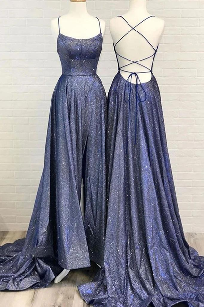 Robe de soirée simple et brillante à bretelles spaghetti, robe de bal de fin d'année, ligne A, longue traîne, robe de bal de lycée nv127