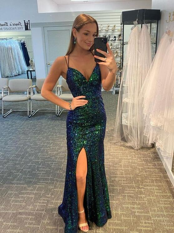 Sheath V Neck Dark Green Sequins Evening Straps Party Dresses nv290