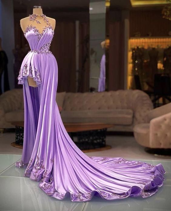 Robe de soirée longue élégante et magnifique violette avec appliques nv407