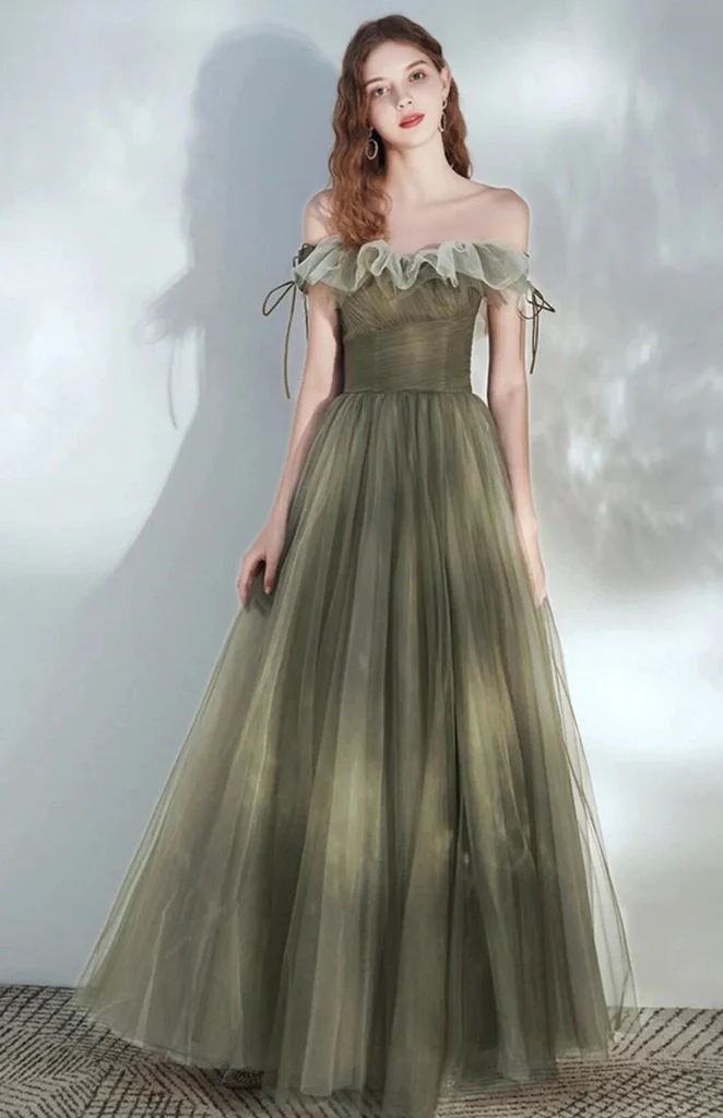 Robe de soirée élégante en tulle à épaules dénudées et longueur au sol, robe de bal nv437