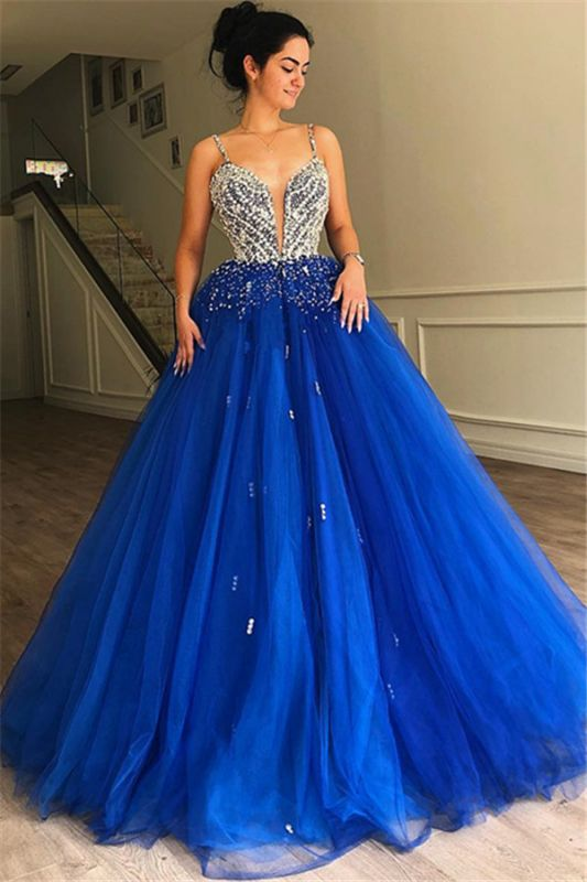 Elegantes A-Linien-Abendkleid mit Spaghettiträgern, ärmellos, Tüll und Perlen, Ballkleid nv256