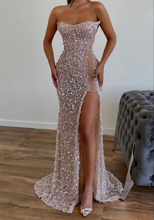 Robe de bal à paillettes fendue haute, robe de mariée en satin grande taille, robe de soirée nv245