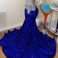 Pailletten königsblau Langes Ballkleid Perlen Hochzeitskleid Empfangskleid Erneuerungskleid nv126