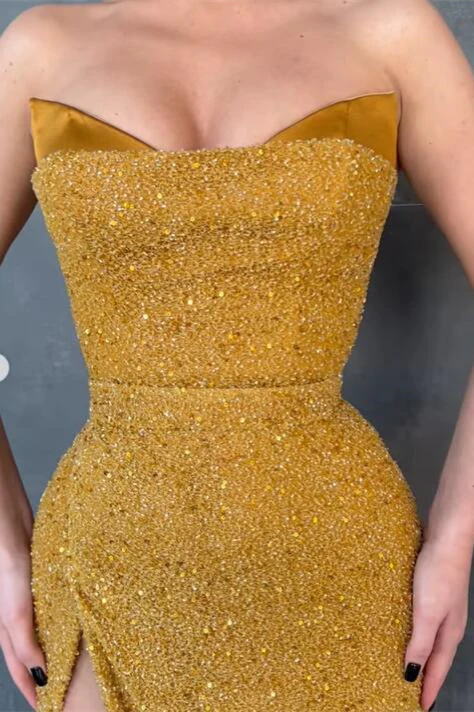 Sexy Yellow Sleeveless Mermaid Prom Dress With Side Slit nv244