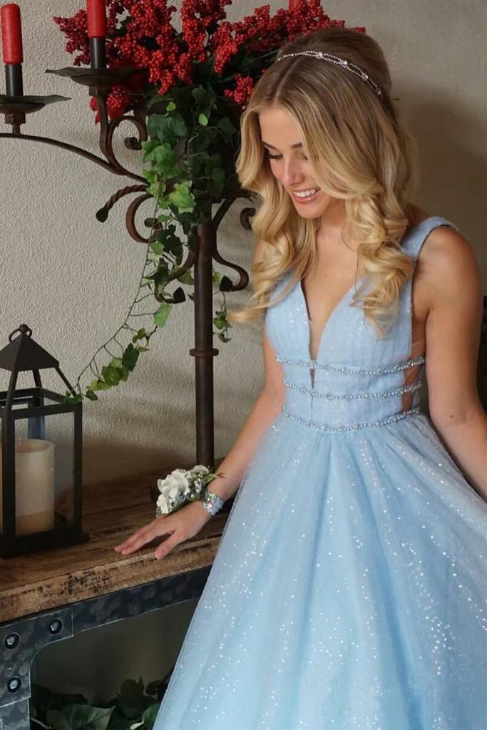 A-Linie, tiefer V-Ausschnitt, Ballkleid, Ballkleid, offener Rücken, weiße Abendkleider, nv209