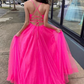 A-Linie V-Ausschnitt Hot Pink Ballkleider mit Schlitz, Lange formelle Abendkleider nv276
