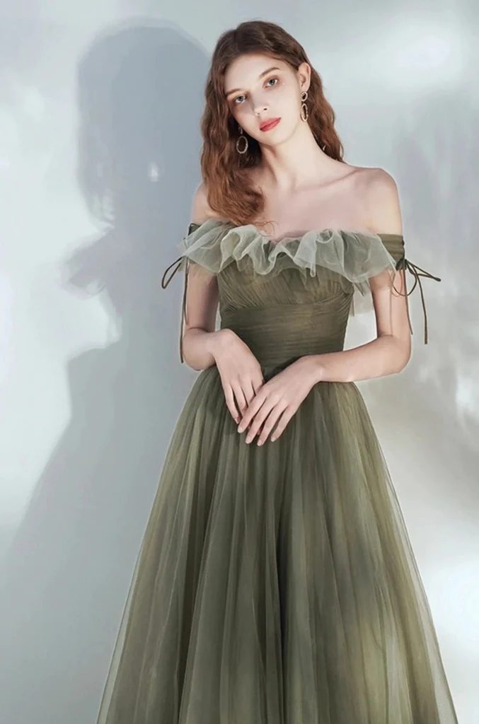 Robe de soirée élégante en tulle à épaules dénudées et longueur au sol, robe de bal nv437