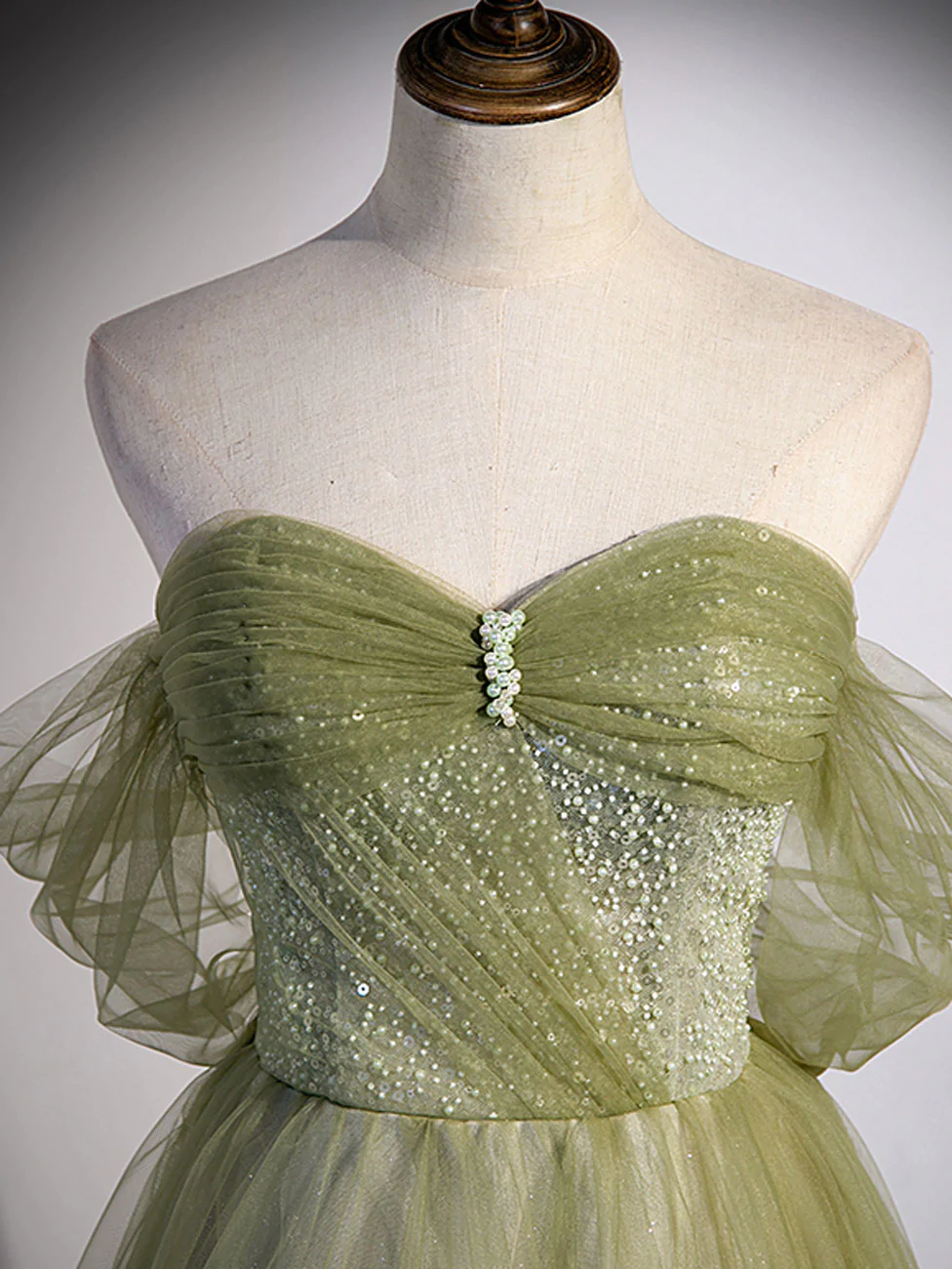 A-Linien-Ballkleid aus grünem Tüll, langes Ballkleid, grünes Abendkleid mit Perlenbesatz, nv549