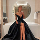 Elegantes schulterfreies, langes schwarzes Ball-/Abendkleid in A-Linie mit Schlitz vorne, nv219