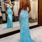 Blaues rückenfreies langes Ballkleid mit Pailletten nv232