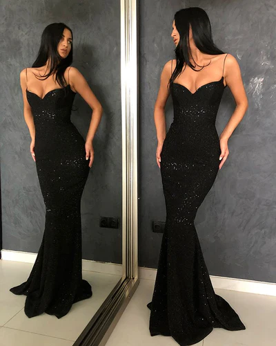 Black Sheath Spaghetti Straps Open Back Sequins Prom Dresses nv133