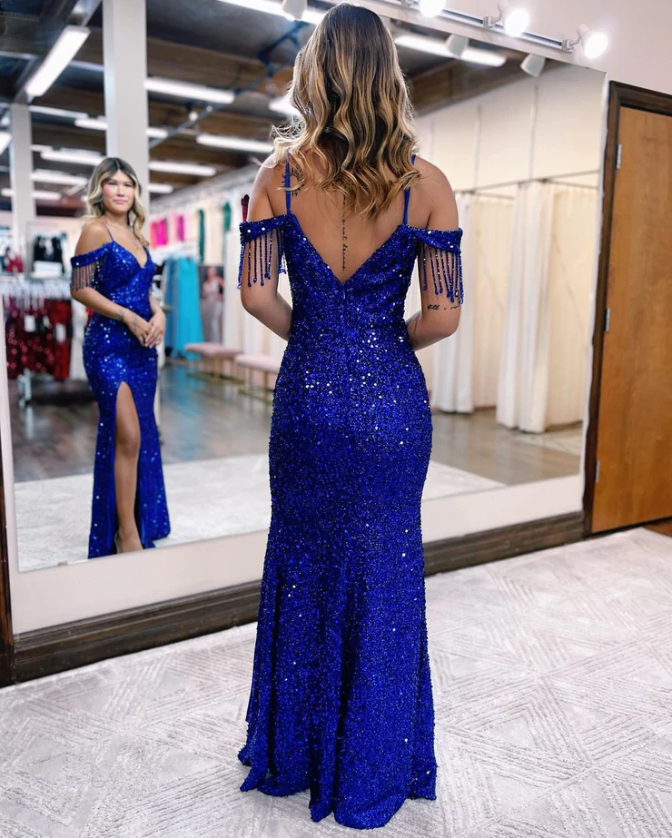 Charmante robe de bal sirène à épaules dénudées et paillettes bleu Roya avec fente nv463
