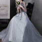 GRAUES TÜLL-PAILLETTEN-LANGES BALLKLEID A-LINIE-ABENDKLEID nv423