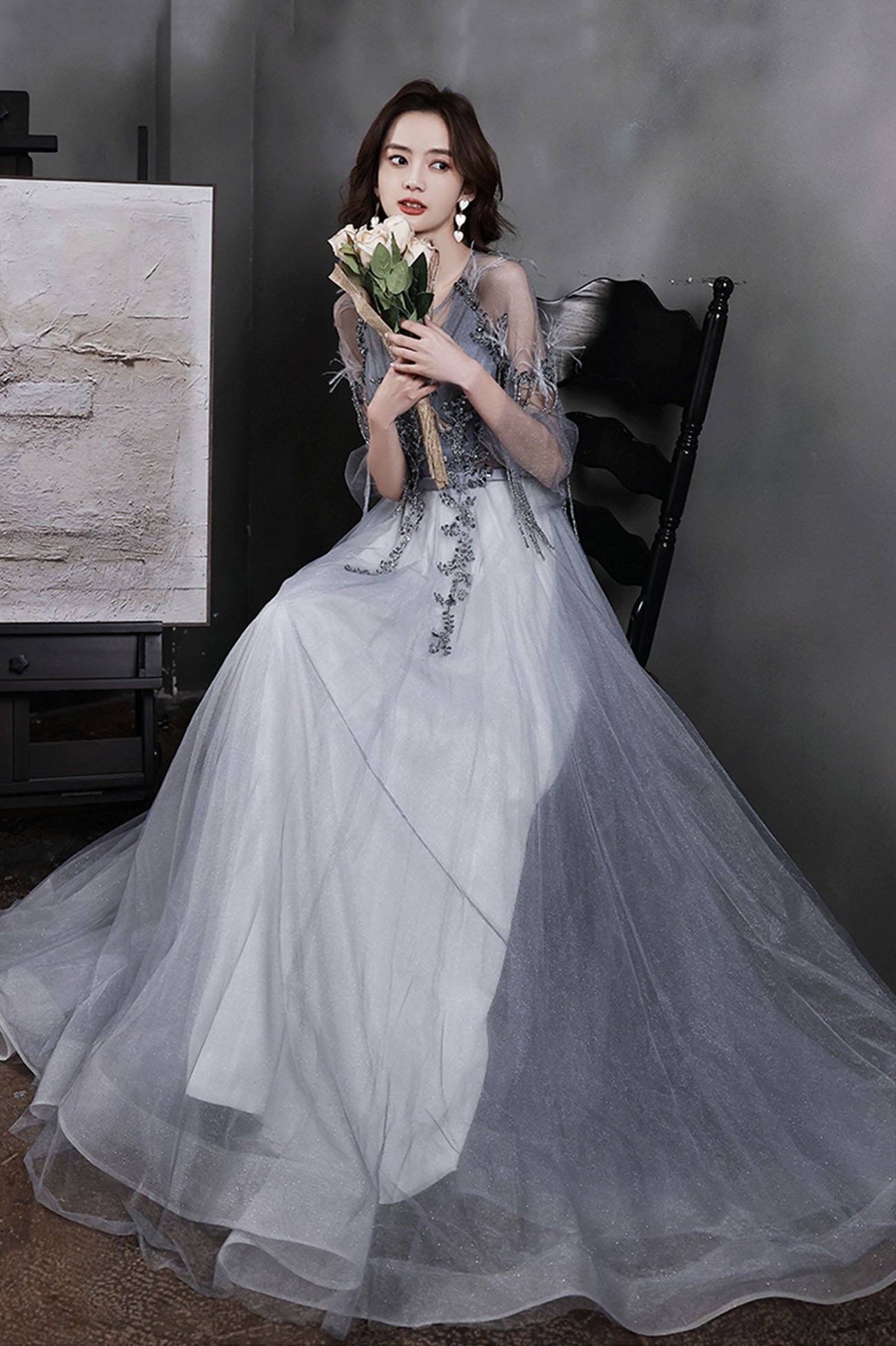 GRAUES TÜLL-PAILLETTEN-LANGES BALLKLEID A-LINIE-ABENDKLEID nv423