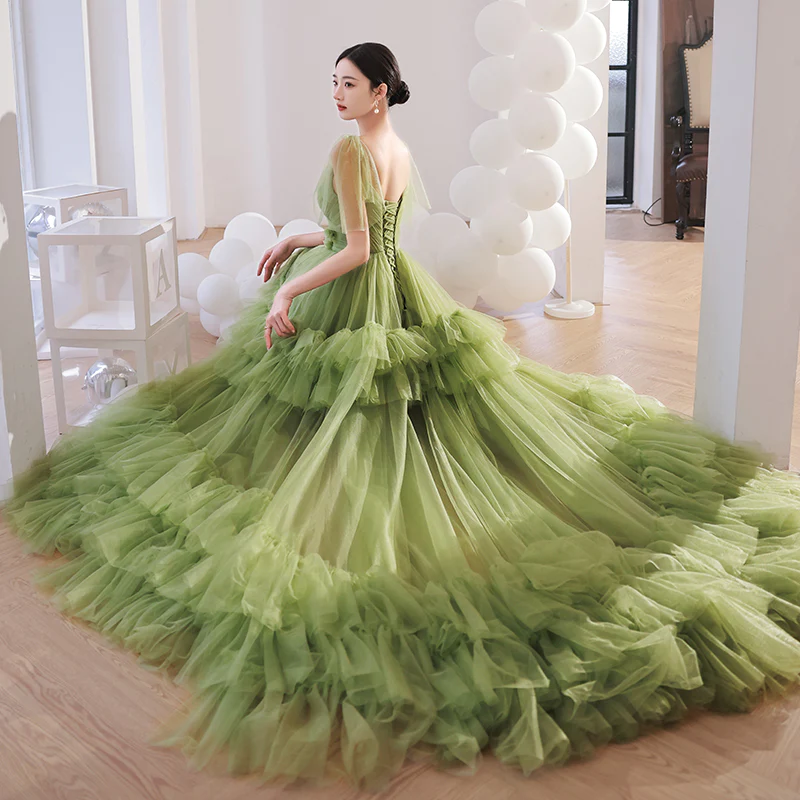 Robe longue de soirée en tulle vert clair à plusieurs niveaux, robe de soirée de mariage en tulle nv439