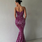 Robe de bal longue sirène à bretelles spaghetti violette scintillante nv182
