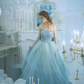 Robe de bal en tulle bleu clair sans bretelles avec volants, robe de soirée nv215