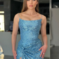 Robe de bal longue à bretelles spaghetti et paillettes bleues avec fente nv470