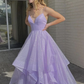 Lila langes Ballkleid mit glänzenden Pailletten und V-Ausschnitt, flauschiges lila Abendkleid, funkelndes lila Ballkleid nv129