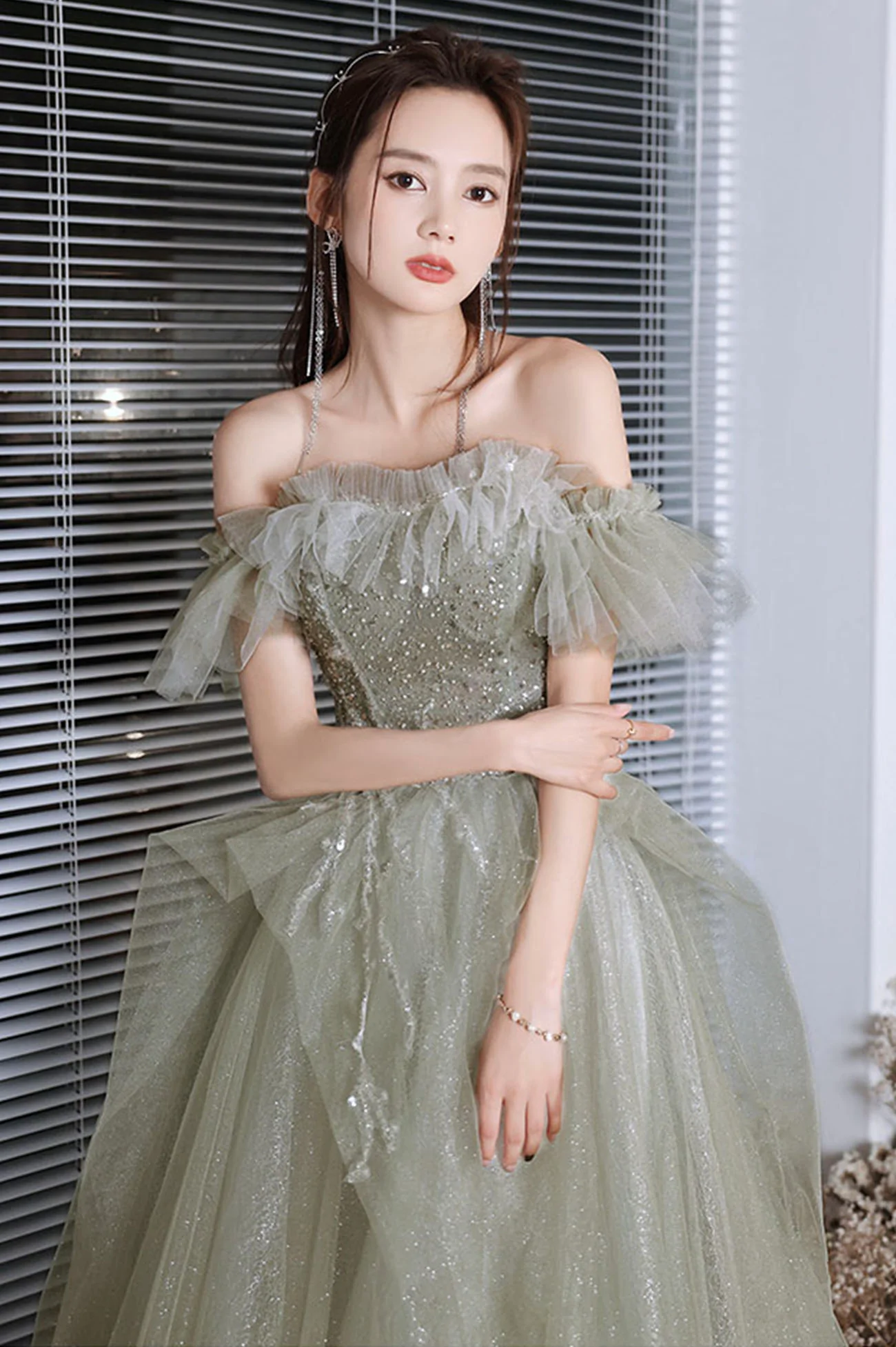 Grünes, langes Ballkleid aus Tüll mit Perlen, A-Linie, formelles Abendkleid nv452