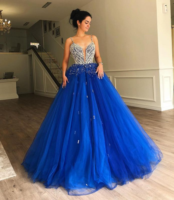Elegant A-Line Spaghetti Straps Sleeveless Tulle Beaded Evening Dresses Prom Dress nv256