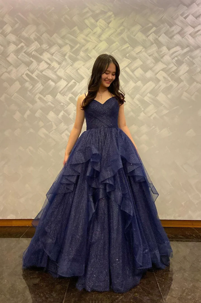 Blaues langes Ballkleid aus Tüll mit V-Ausschnitt, Abendkleid in A-Linie nv431