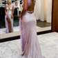 Robe de bal longue sans manches style sirène lilas chic à col en V avec fente, robe formelle nv224