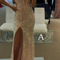Ballkleid im Meerjungfrauen-Stil mit Spaghettiträgern, langes Abendkleid mit glitzernden Pailletten und Schlitz nv132