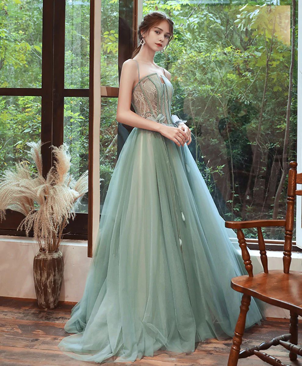 Grünes langes Ballkleid aus Tüllspitze Grünes formelles Spitzenkleid aus Tüll nv543