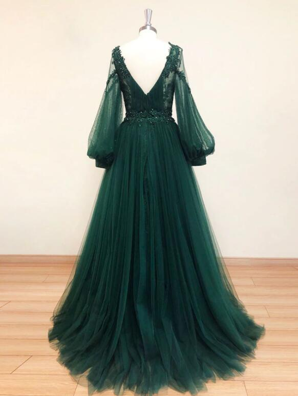Beautiful Green Tulle Long Sleeves Wedding Party Dresses, Green Prom Dresses Party Dress nv453
