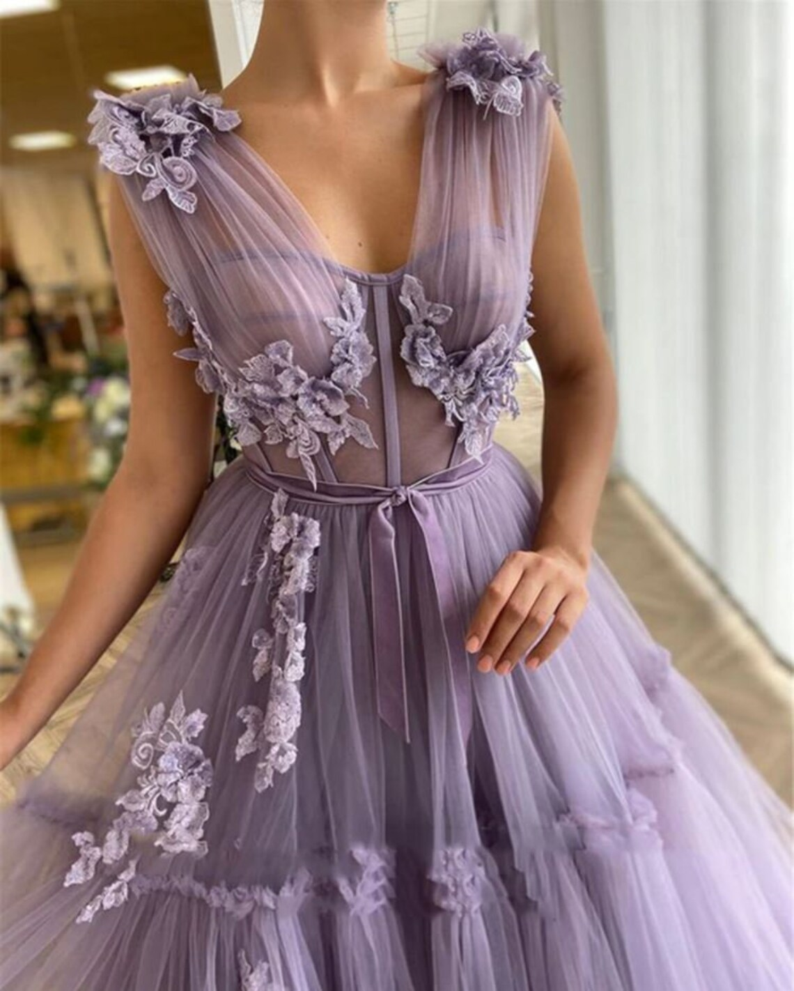 Atemberaubendes Lavendel-Tüll-Rüschenkleid, Langes Tüll-Ballkleid, Tutu-Maxikleid, Brautjungfernkleid, Ballkleid, Korsett-Tüllkleid nv213
