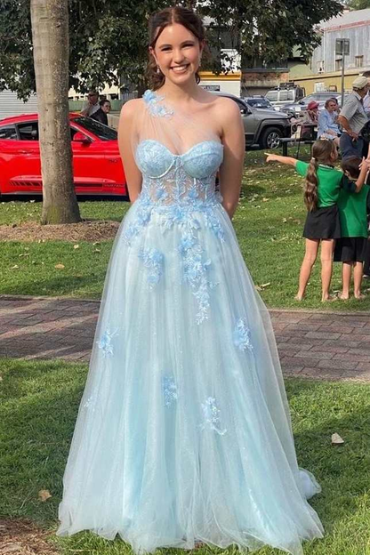 Märchenhaftes hellblaues A-Linien-Ballkleid mit herzförmigem Ausschnitt und 3D-Blumenspitze nv818