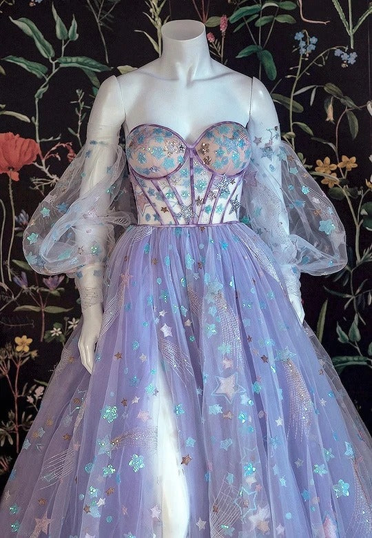 Light Purple A-line Tulle Floral Off Shoulder Sweetheart Evening Prom Dresses nv449
