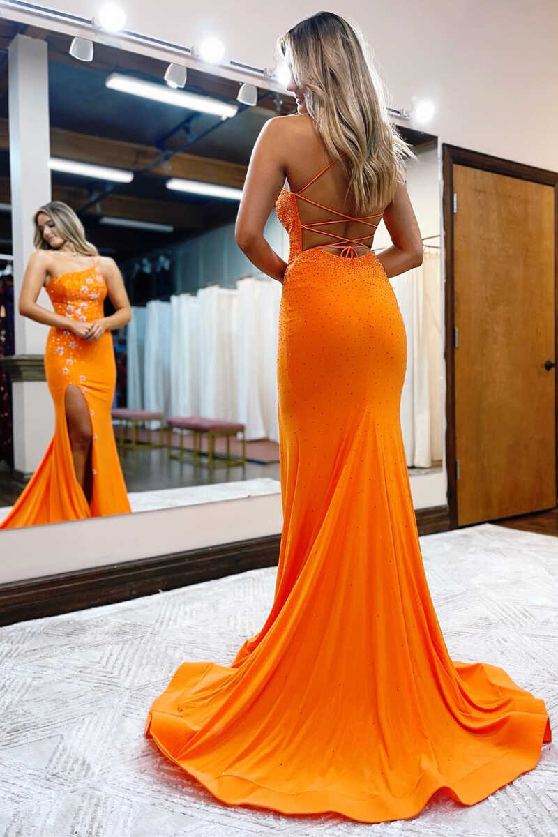 Langes Ballkleid mit Schlitz und One-Shoulder-Träger in Orange, mit Perlen besetzten Sternen nv239