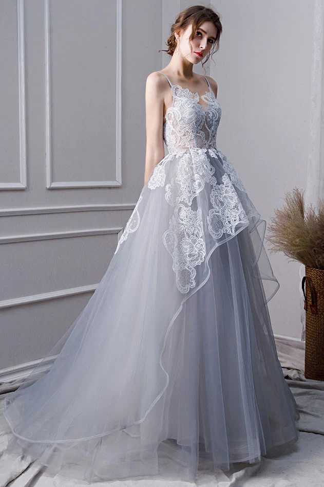 Robe de bal longue en tulle et dentelle grise, robe de soirée en tulle et dentelle grise nv436
