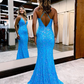 Charmantes Meerjungfrau-Abendkleid mit V-Ausschnitt und blauen Pailletten, langes Ballkleid, NV349