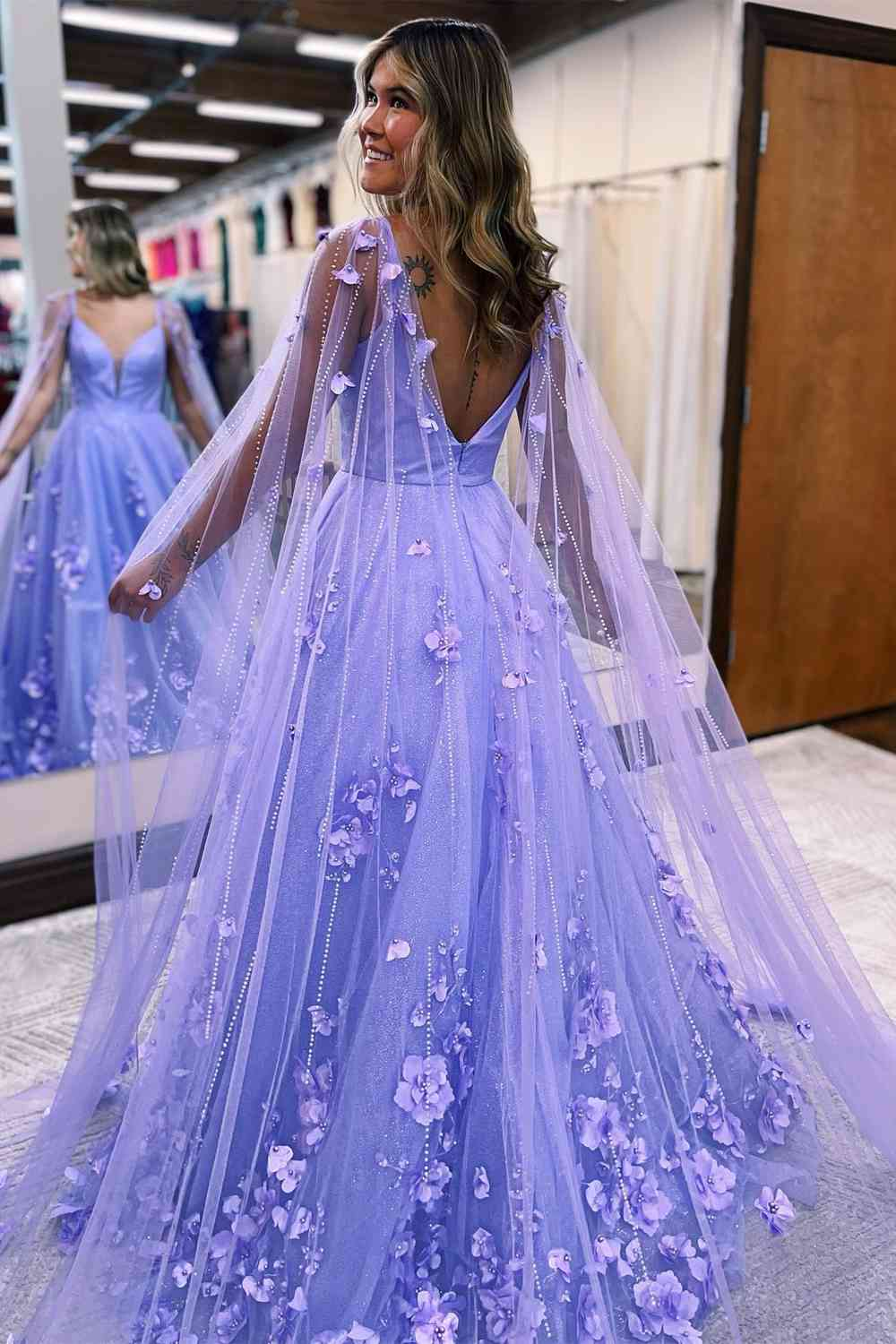 Princess Lavender 3D Flowers Tulle Formal Dress Prom Dress with Cape nv263