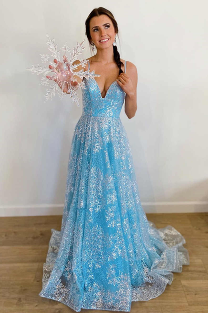 Robe de bal longue trapèze à bretelles bleues Princess nv427