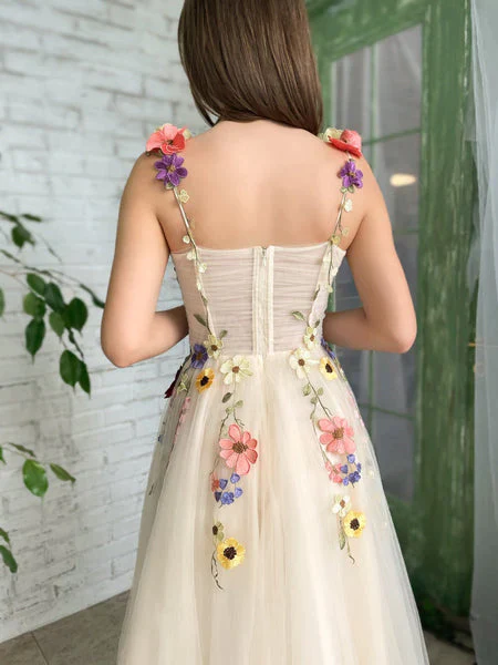 Champagnerfarbenes, wadenlanges Abendkleid aus Tüll mit Blumen, Champagnerfarbenes Ballkleid nv525