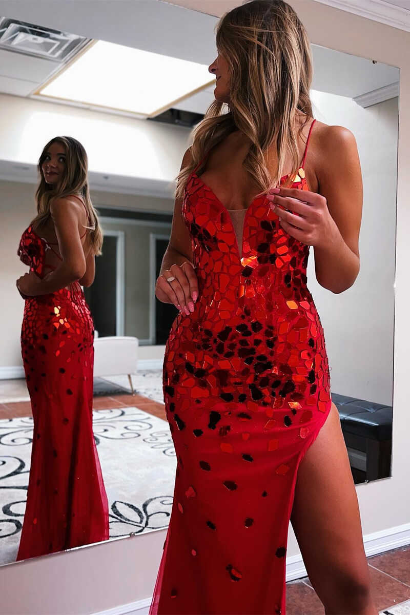 Red Cut Glass Mirror Lace-Up Long Prom Gown with Slit nv238