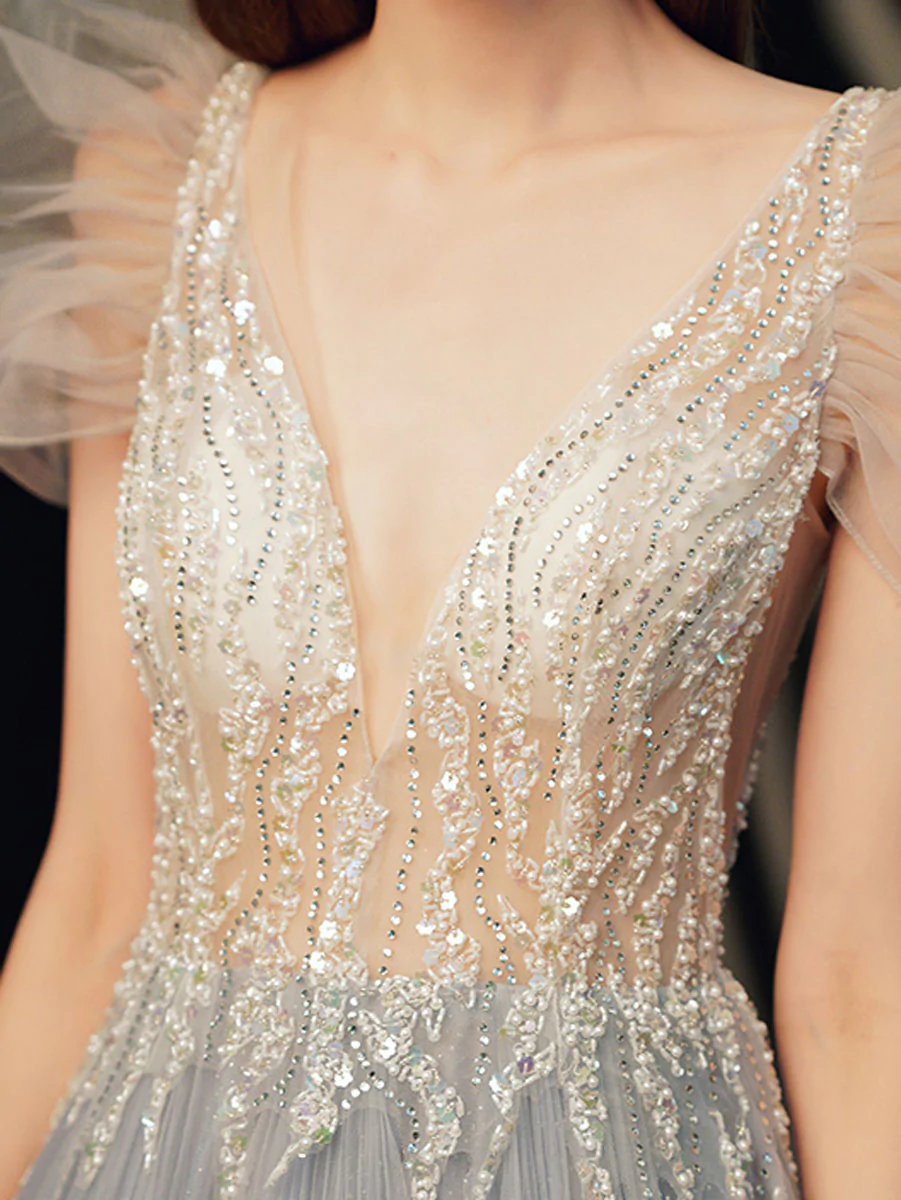 Graublaues langes Ballkleid mit V-Ausschnitt und Pailletten aus Tüll, graublaues Abendkleid nv422