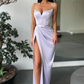 Robe de bal longue à bretelles spaghetti et fente haute vert forêt nv148