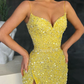 Wunderschönes gelbes Pailletten-Ballkleid im Meerjungfrauen-Stil mit Schlitz, langes Abendkleid, Partykleid nv139