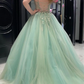Mintgrünes langes Ballkleid mit herzförmigem Ausschnitt und Spitzenapplikationen aus Tüll, Mintgrünes Abendkleid mit Blumenmuster aus Tüll, Ballkleid nv432