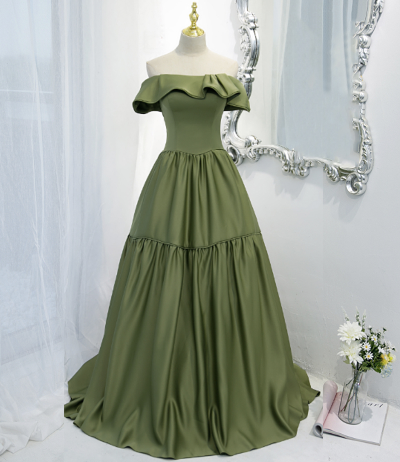 Grünes langes A-Linien-Ballkleid aus Satin, grünes Abendkleid, NV544