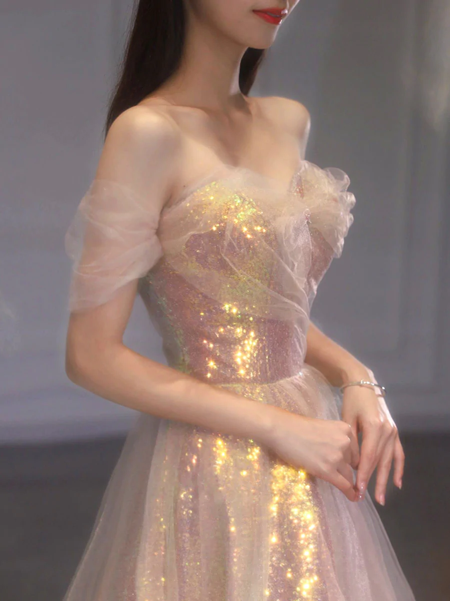 A-Linie Tüll Pailletten Langes Ballkleid, Schulterfreies formelles Abschlusskleid nv425